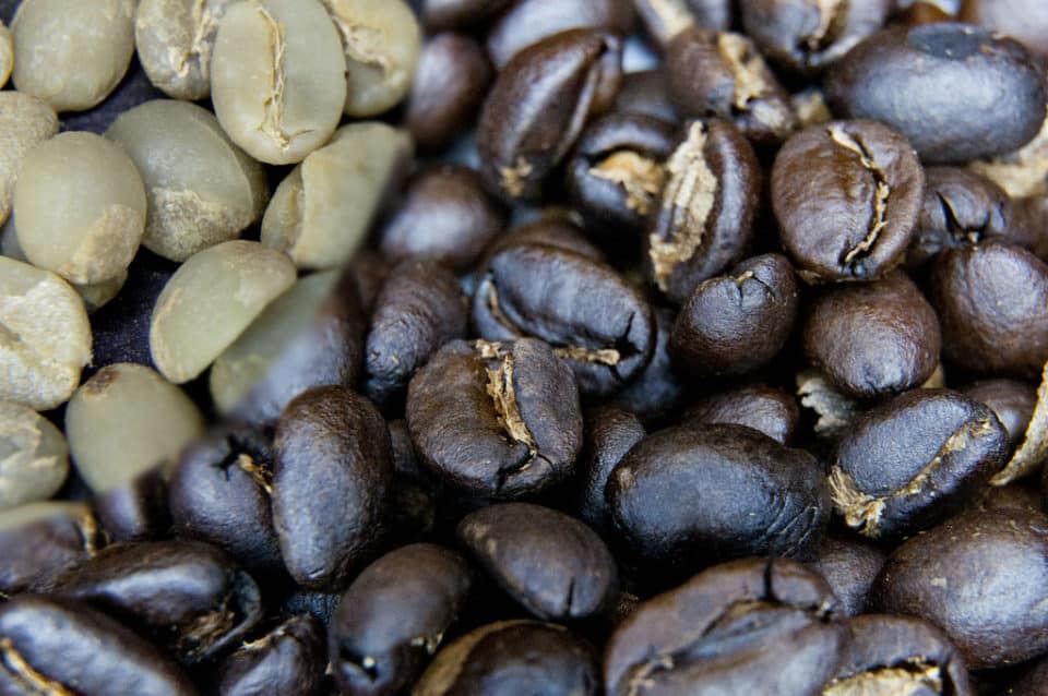 Green coffee beans before and after