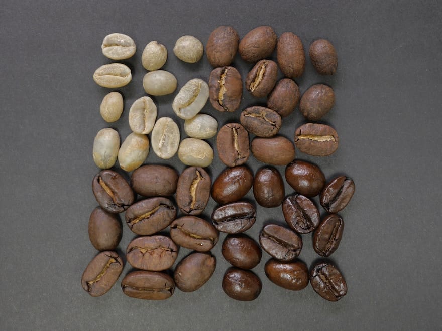 Coffee beans at various stages of a roast