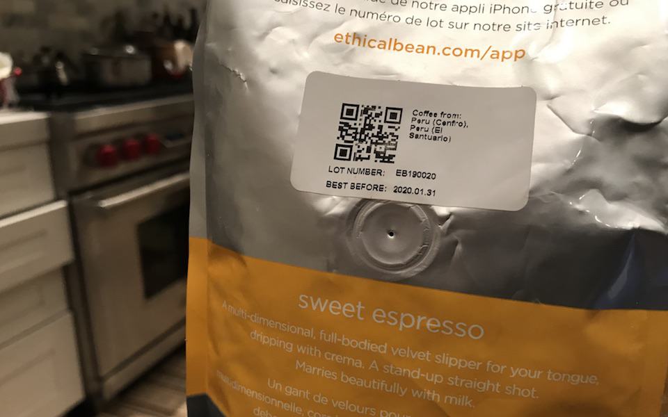 Bag of Ethical Bean coffee with date of roasting