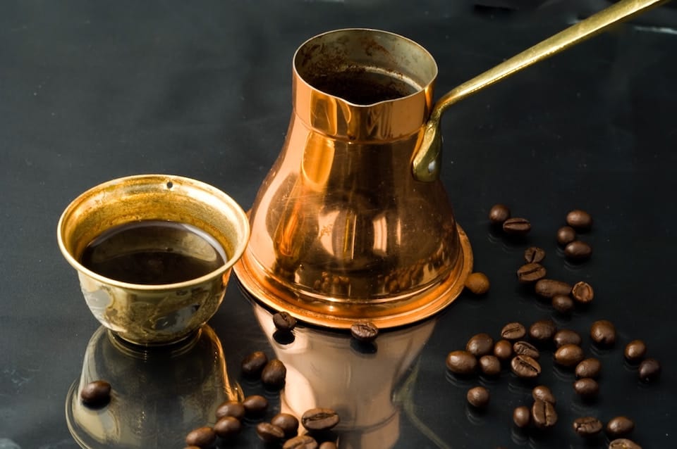 Turkish coffee Cezve, cup and beans