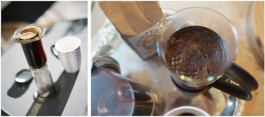 An Aeropress on the left, and a French press on the right