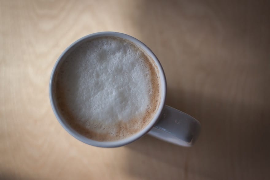 A cappuccino from above, with the milk froth clearly visible