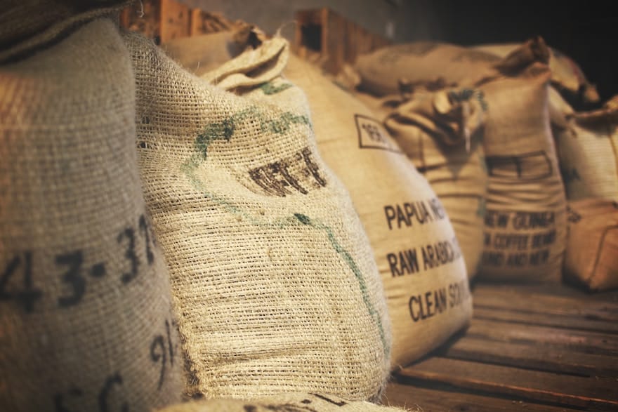 Burlap sacks full of coffee beans