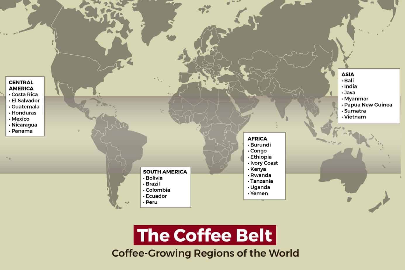 Map of the world showing regions near the equator where coffee is grown