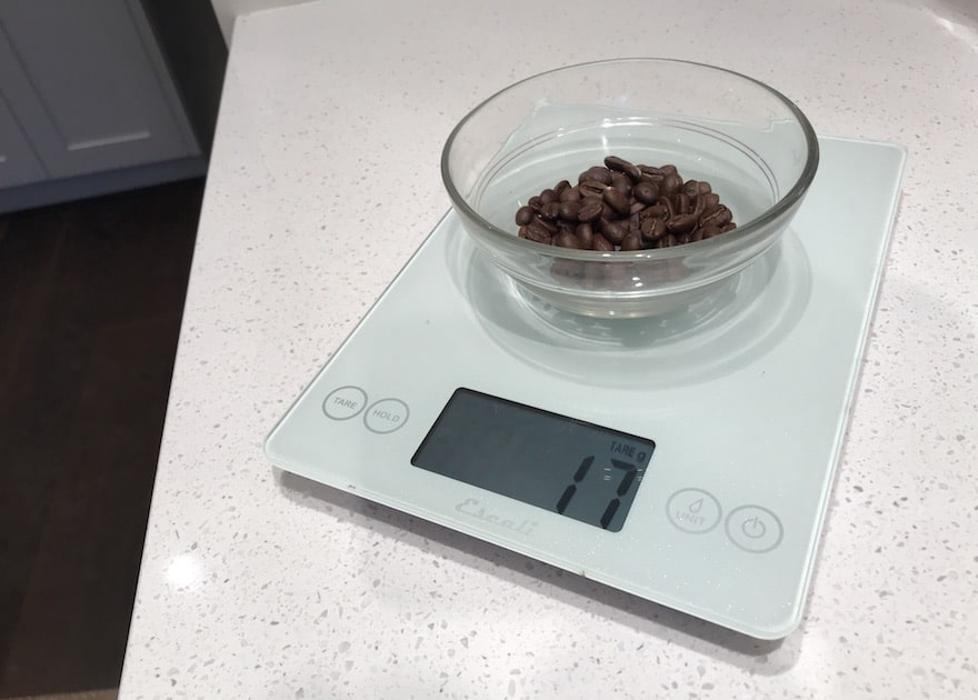 17 grams of coffee beans on a scale
