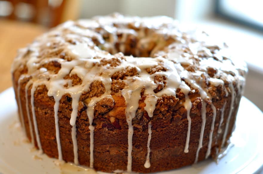 Sour cream coffee cake with glaze on top