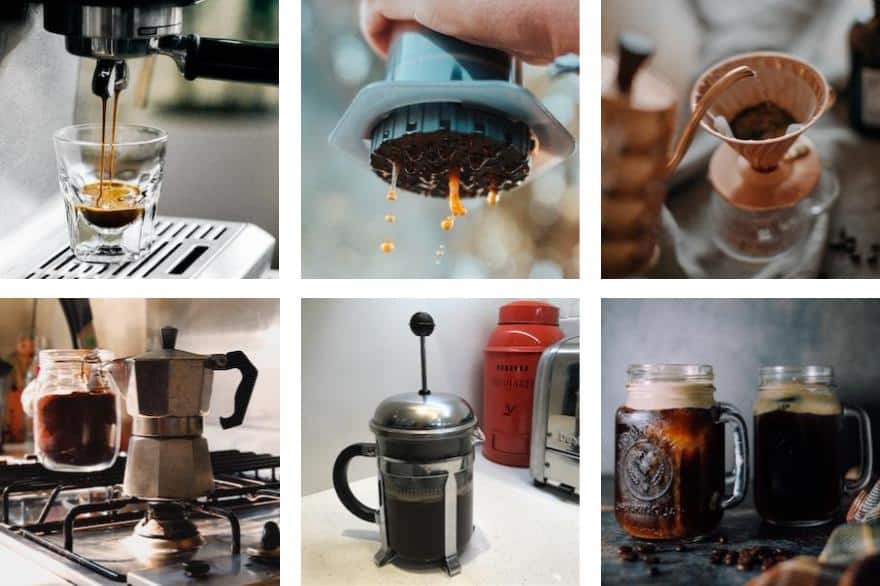 Collage image of six different coffee brewing methods