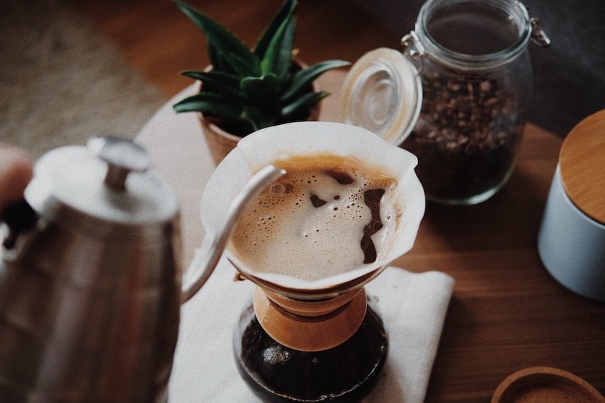 Making pour-over coffee in a Chemex brewer