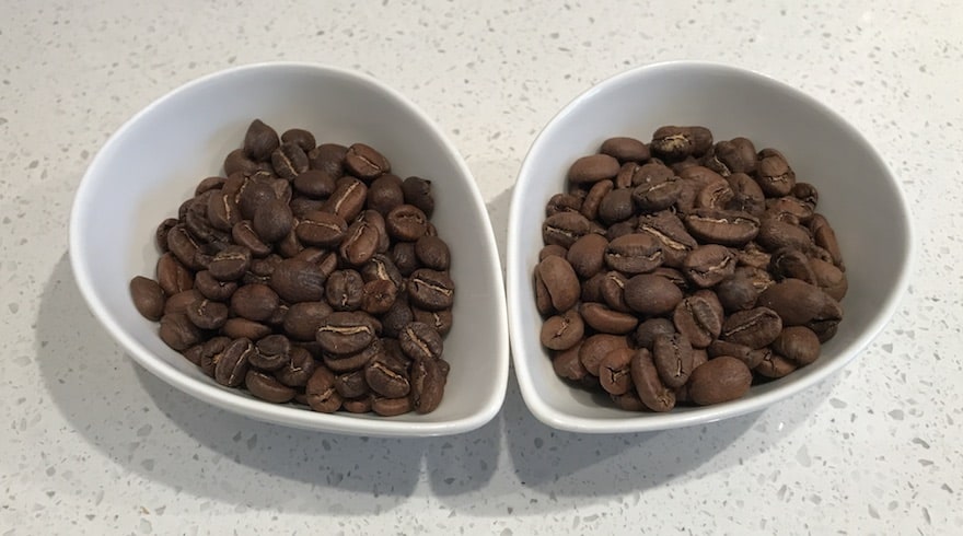 Two types of Phil & Sebastian coffee beans side by side in white cups