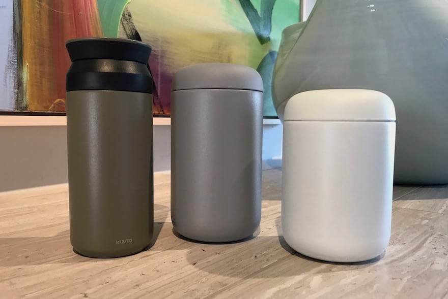 A Kinto Travel Tumbler with two Carter Everywhere Mugs