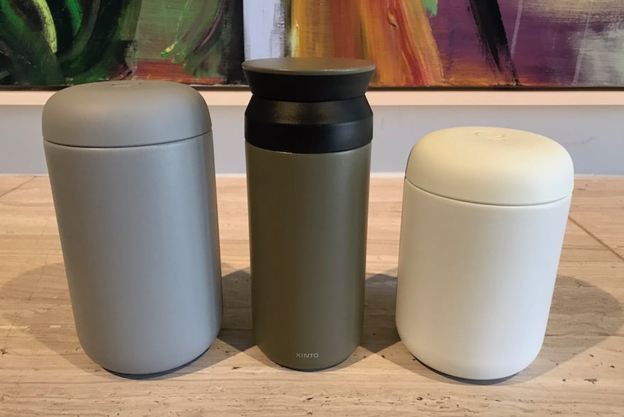 Kinto Travel Tumbler flanked by two Carter Everywhere Mugs