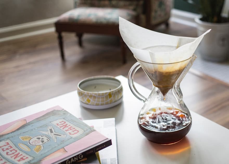 chemex brewing coffee on a table