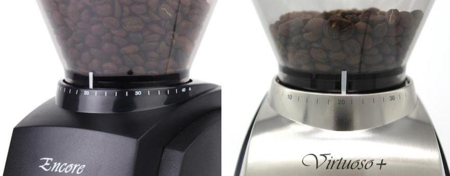 Split image with a closeup of the Baratza Encore on the left and the Baratza Virtuoso+ on the right