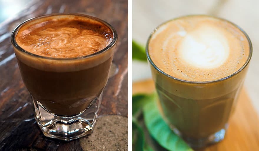 Split image of a cortado on the left and a latte on the right