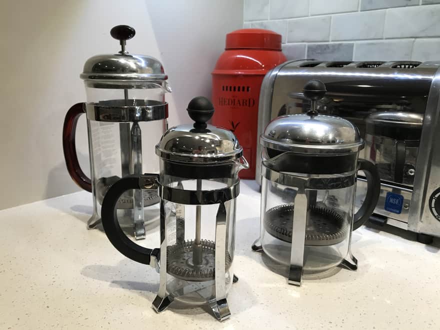 French presses come in a number of sizes. Left to right: 32 oz, 8 oz and 16 oz.