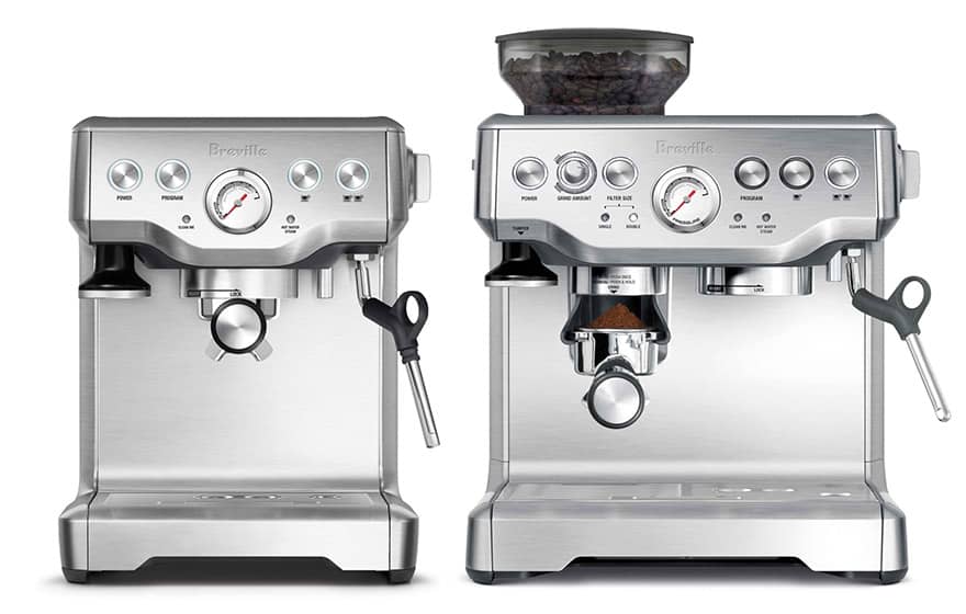 Breville Infuser on the left alongside the Breville Barista Express, against a white background