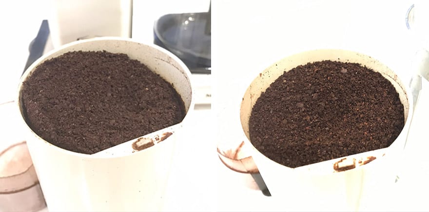 We underexposed these images so you can better see the difference between medium grind for drip coffee (left) and coarse grind for French press. 