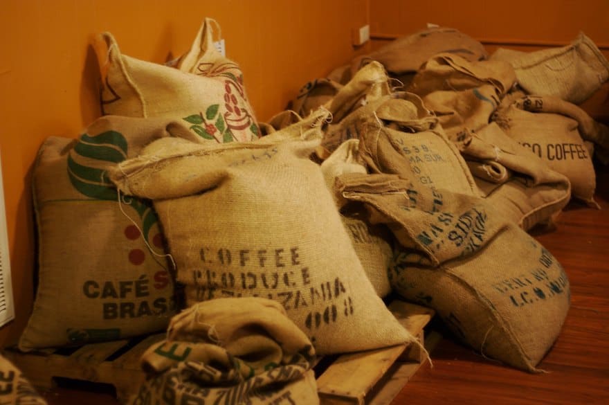 Sacks of coffee beans from different countries