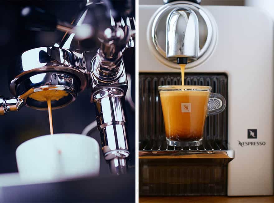 Split image of an espresso machine on the left and Nespresso machine on the right