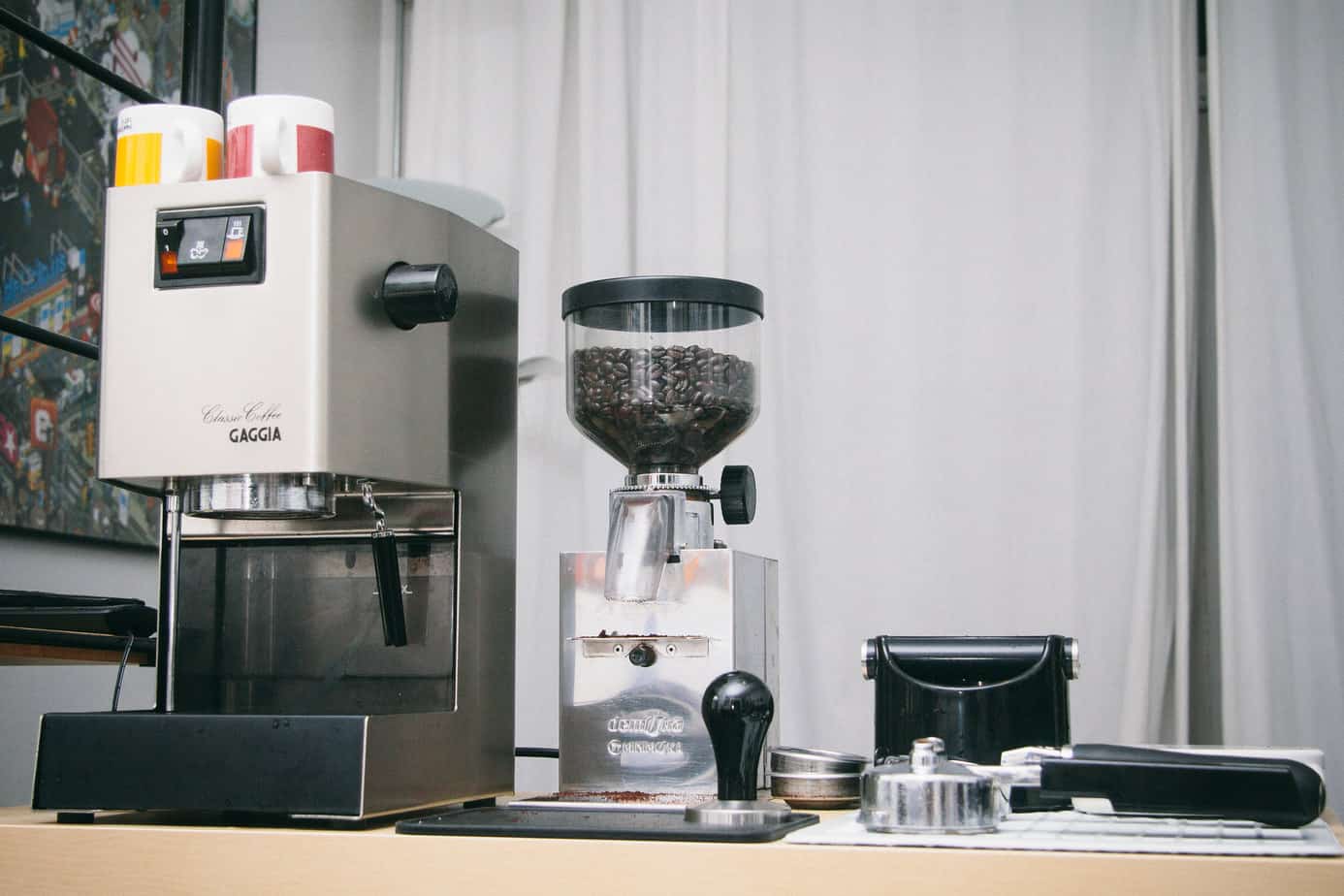 Gaggia Classic espresso machine with other espresso making equipment