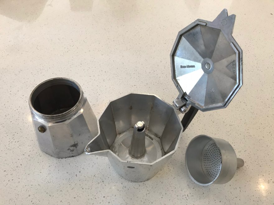Parts of a moka pot, from left: The bottom chamber heats the water, the top chamber collects the coffee, and the middle chamber holds the grounds.