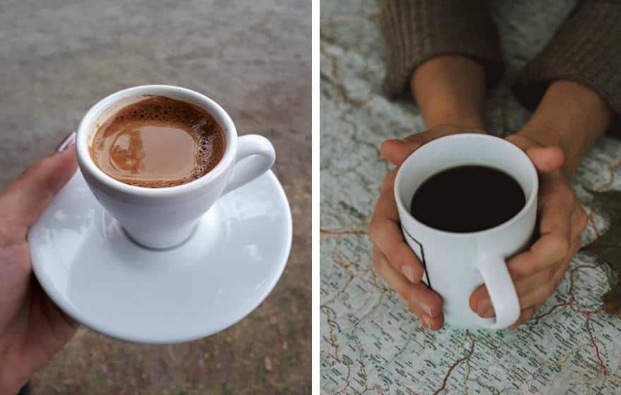 Split image of a cup of espresso on the left and a regular cup of coffee on the right.