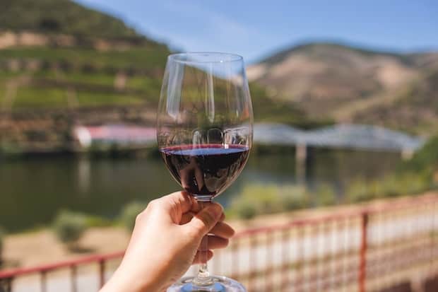 A hand holds up a glass of red wine in front of a lake