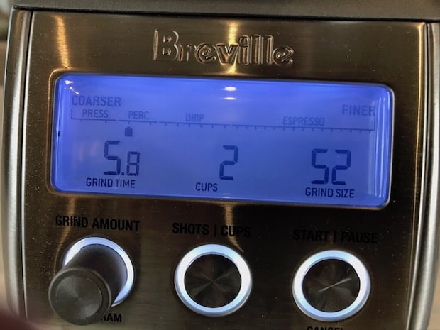 Control screen on Breville Smart Grinder Pro