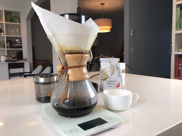 Carafe of Chemex coffee on a scale
