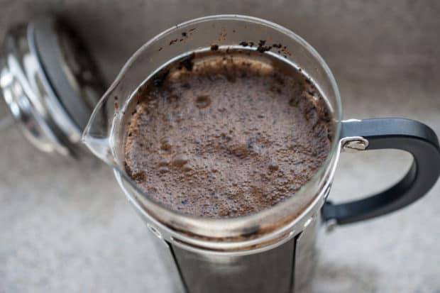 View of cold brew in a French press