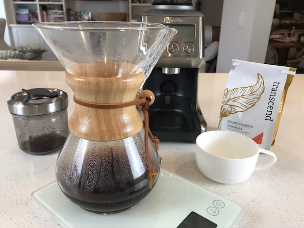 Kitchen counter set up for Chemex coffee brewing