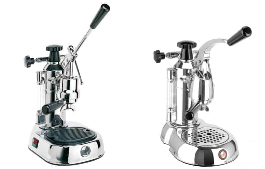 Split image with La Pavoni Europiccola on left and Stradivari on right