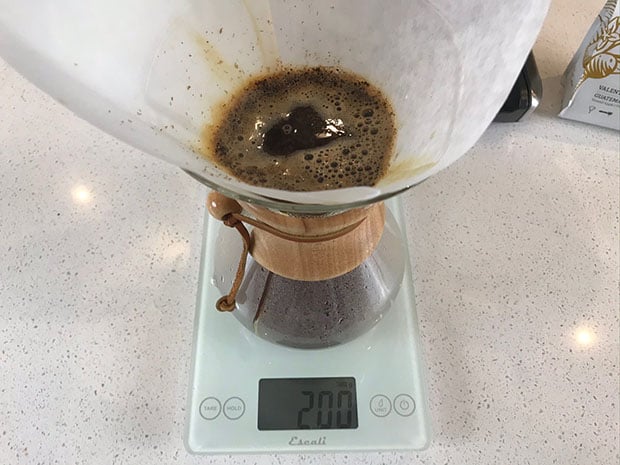 Coffee brewing in a Chemex on a scale
