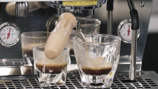 Two espresso shots brewing on a La Marzocco Linea Mini