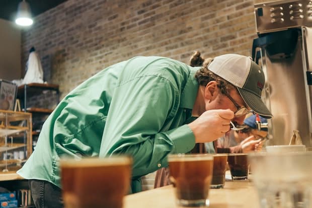 A coffee taster hunched over a row of coffee cups