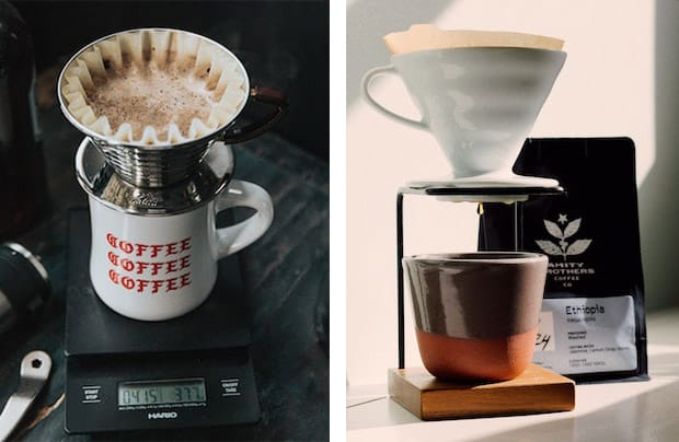 Split image of Kalita Wave on left and Hario V60 on right