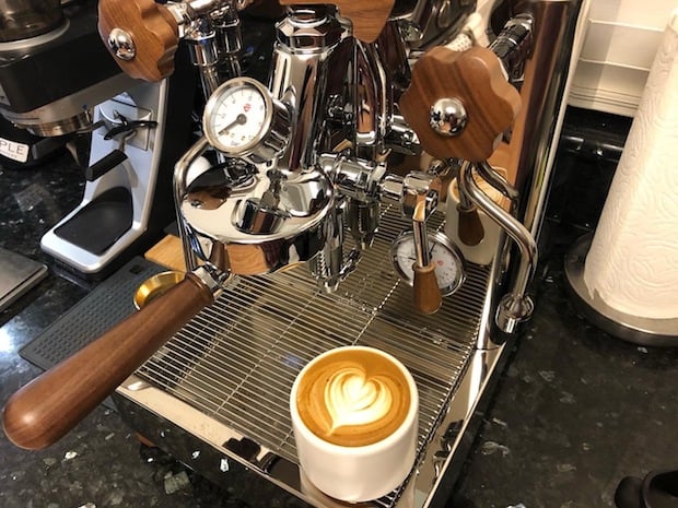 Lelit Bianca espresso machine with a freshly poured latte