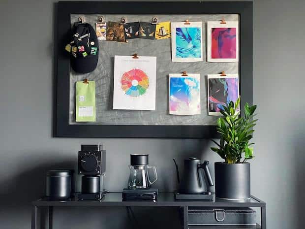 A well organized coffee station on a side table