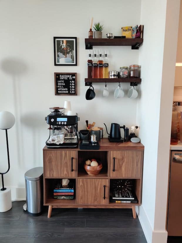 coffee station making use of overhead shelving against the wall