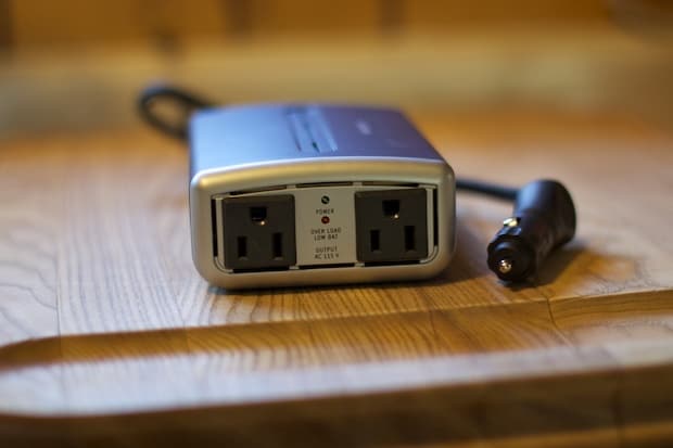 Small power inverter on the table inside an RV