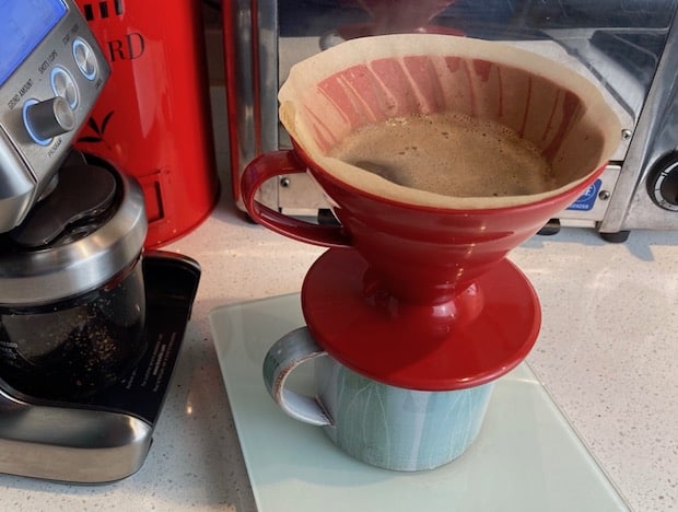 Coffee brewing in a pour-over drip cone