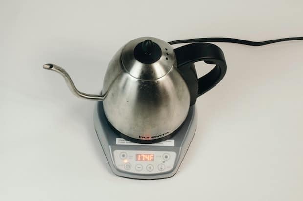 Top view of a gooseneck kettle boiling water