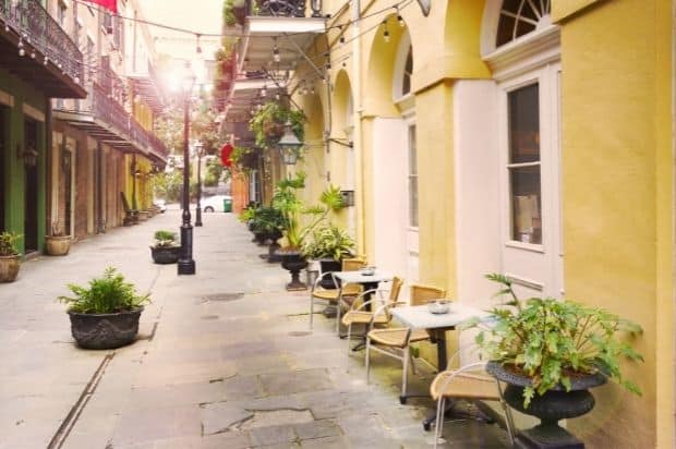 Empty sidewalk outside a cafe in New Orleans' French Quarter