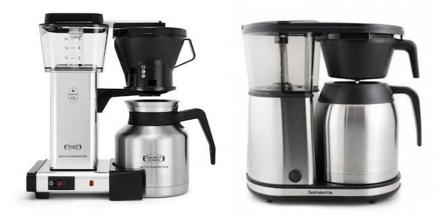 split image showing a moccamaster coffee maker on the left and a bonavita coffee maker on the right