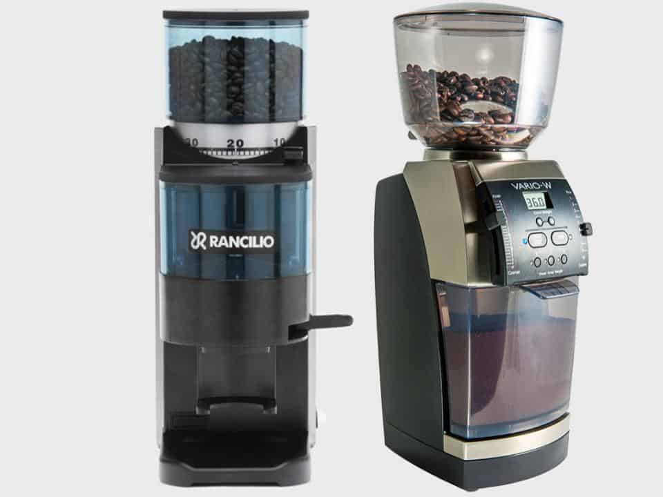 Split image of the Rancilio Rocky coffee grinder on left and Baratza Vario on right