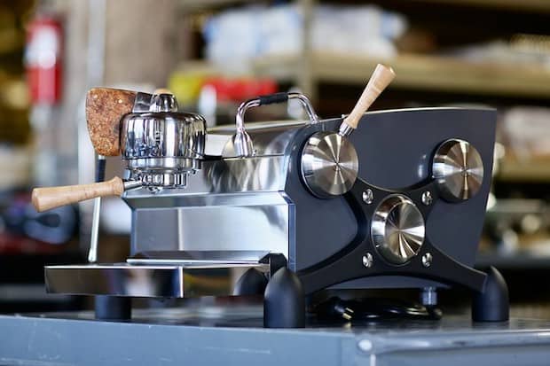 Shiny new Slayer espresso machine at the factory