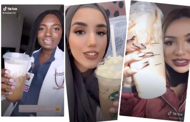 Three screenshots from TikTok featuring women showing off their favorite Starbucks drinks