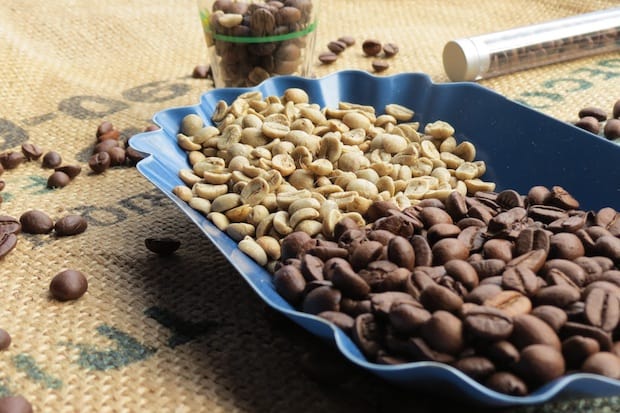 A serving tray half full of raw coffee beans and half full of roasted beans