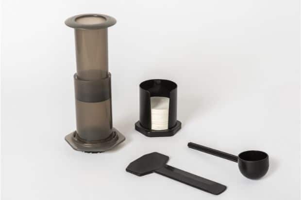 AeroPress components against a white background