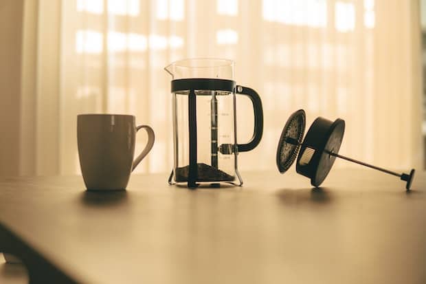 French press on a kitchen table